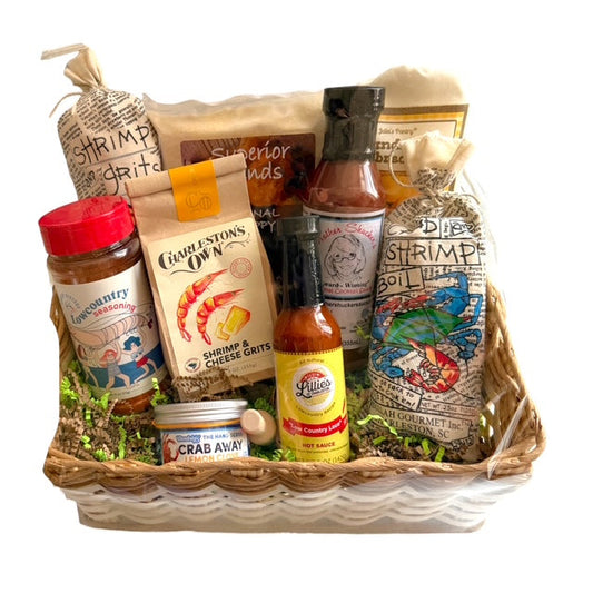 lowcountry boil gift basket loaded with southern and traditional favorites making a wonderful southern gift