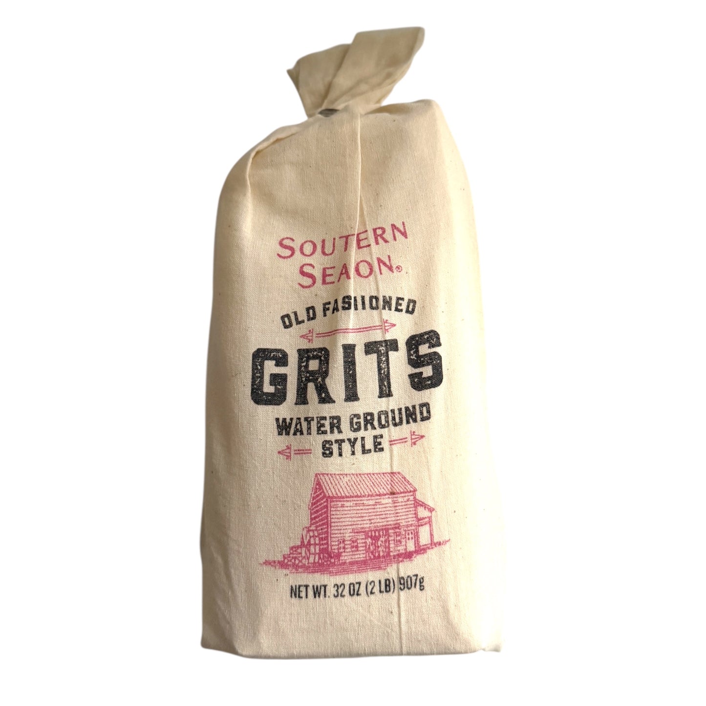 A 32 oz canvas sack of Southern Seam Old Fashioned Grits in Water Ground Style, featuring a rustic printed design on a white background.